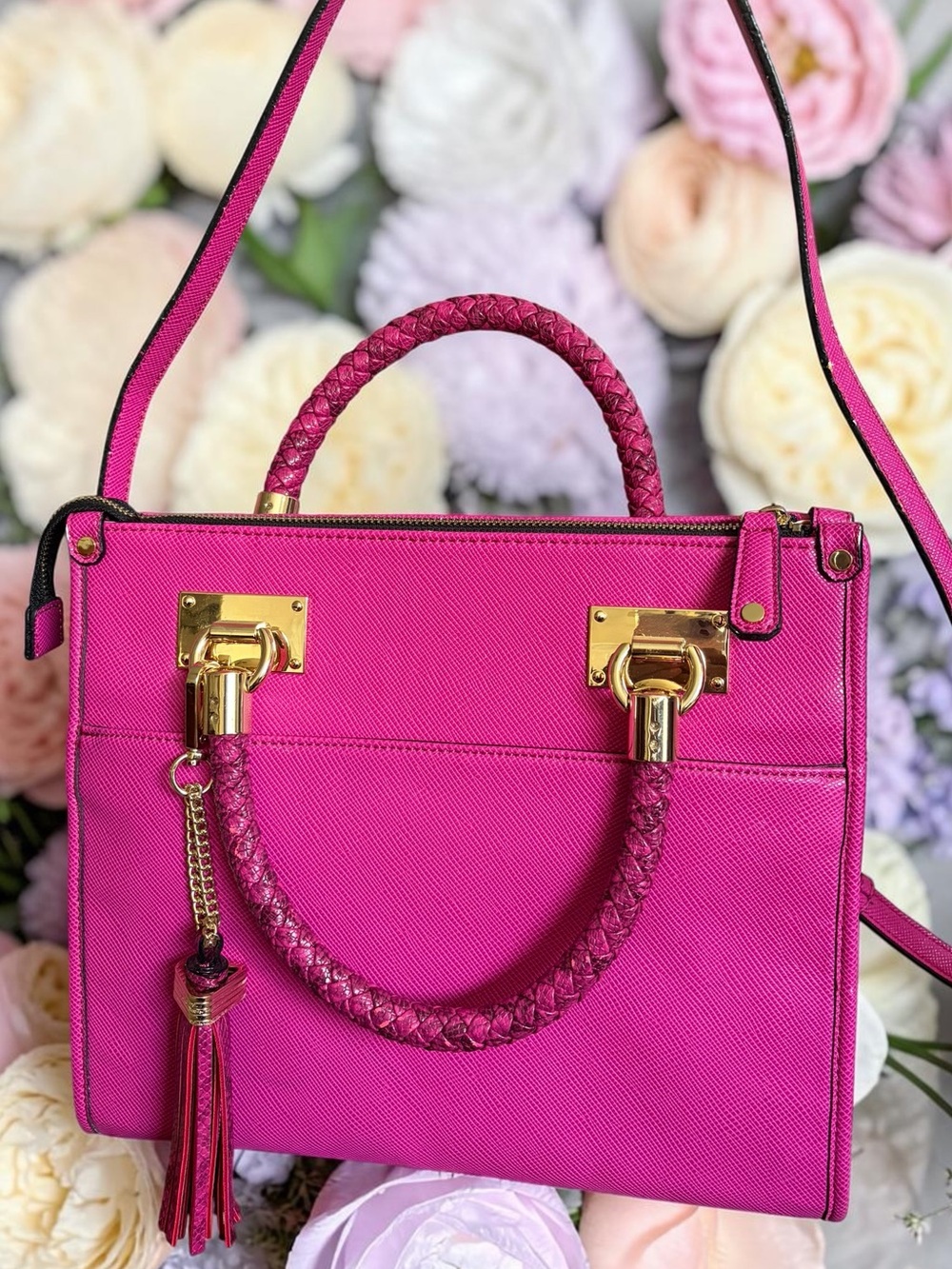 Gianni Bini satchel in Magenta features a distinctive braided top handle